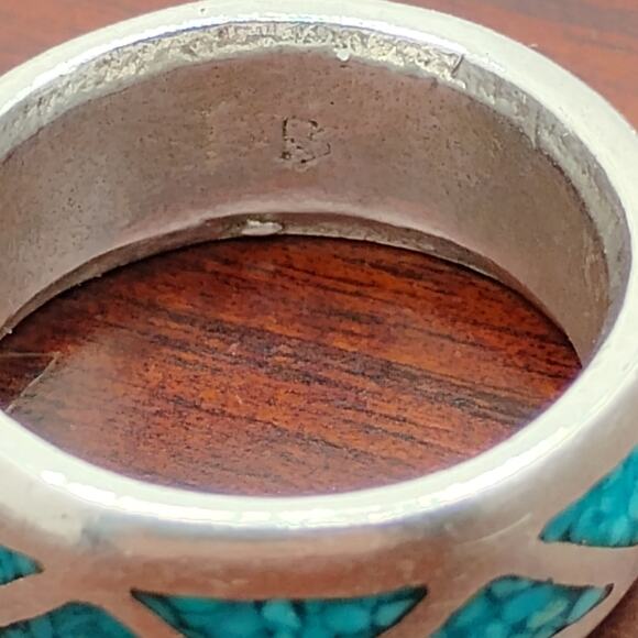 Turquoise Chip Inlay Sterling Silver Ring Size 4.25 - Picture 3 of 6